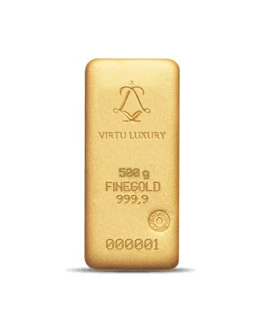 سبائك ذهب نقي 24 قيراط وزن 500 جرام للبيع متوفرة لدى VIRTU LUXURY