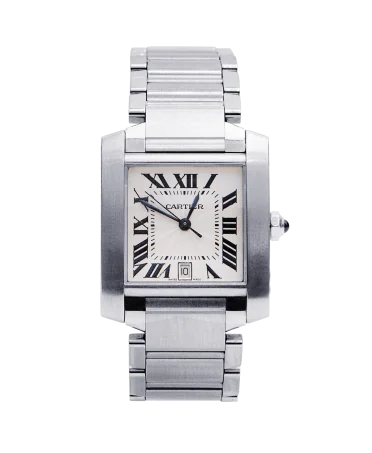 ساعة يد TANK Française Date من دار الأزياء الفاخرة Cartier. متوفرة لدى VIRTU LUXURY.