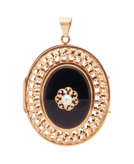 bijoux en or - pendentif médaillon en or avec perle et onyx noire - disponible en bijouterie chez VIRTU LUXURY