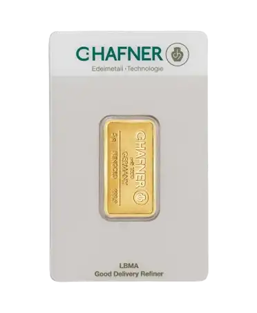 الوجه الأمامي لسبيكة 5 جرام من C. HAFNER من الذهب الخالص عيار 24K متاحة للبيع لدى VIRTU LUXURY