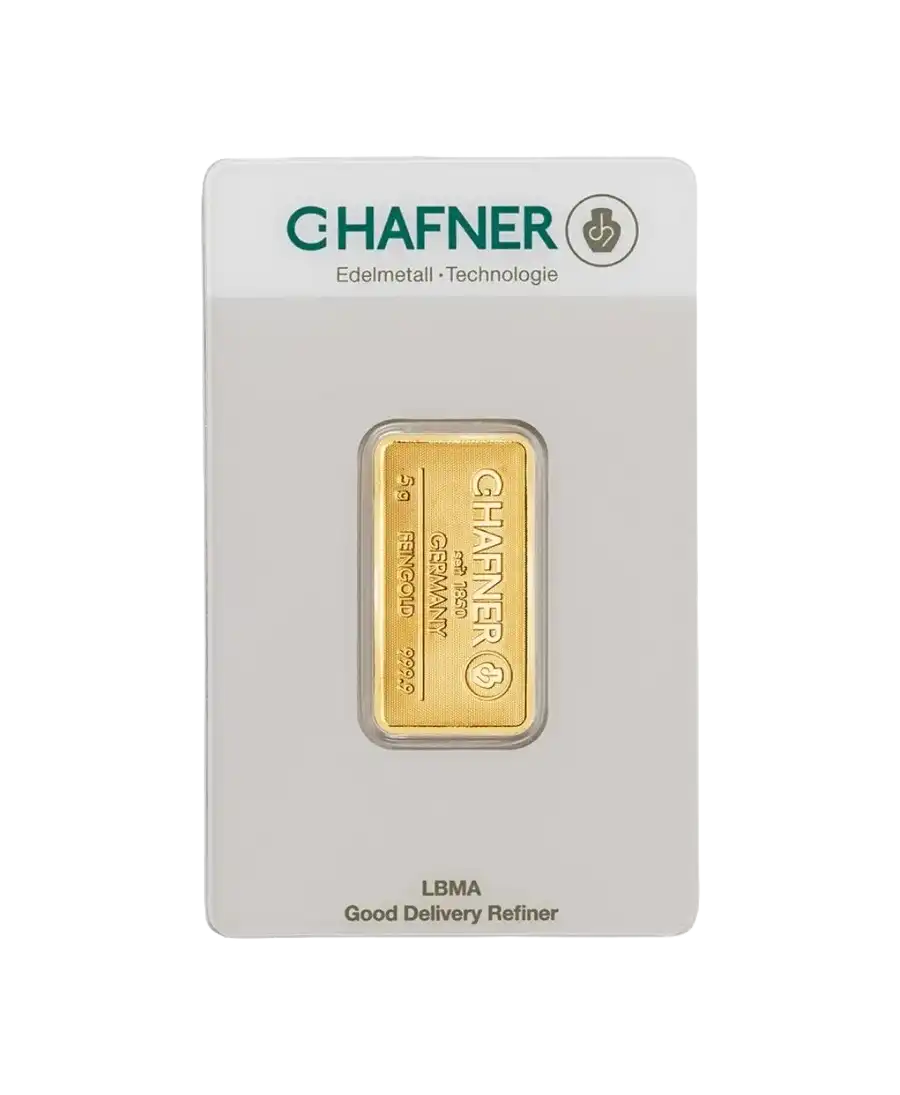الوجه الأمامي لسبيكة 5 جرام من C. HAFNER من الذهب الخالص عيار 24K متاحة للبيع لدى VIRTU LUXURY
