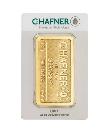 الوجه الأمامي لسبيكة 100 جرام من C. HAFNER من الذهب الخالص عيار 24K متاحة للبيع لدى VIRTU LUXURY