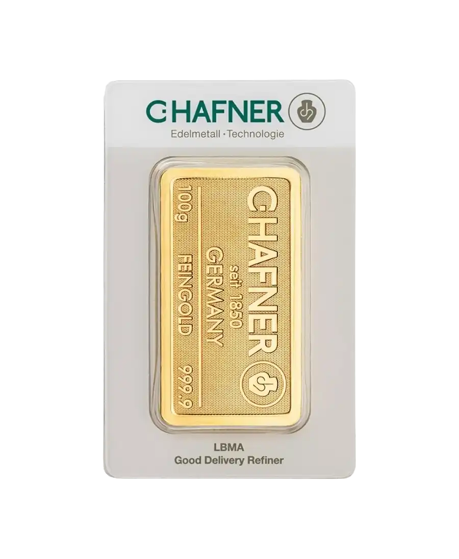 الوجه الأمامي لسبيكة 100 جرام من C. HAFNER من الذهب الخالص عيار 24K متاحة للبيع لدى VIRTU LUXURY الوجه الأمامي لسبيكة 100 جرام من C. HAFNER من الذهب الخالص عيار 24K متاحة للبيع لدى VIRTU LUXURY