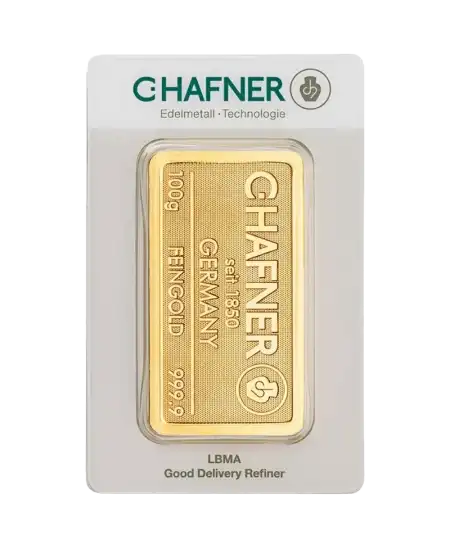 الوجه الأمامي لسبيكة 100 جرام من C. HAFNER من الذهب الخالص عيار 24K متاحة للبيع لدى VIRTU LUXURY