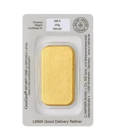 arruère du lingot moulé de 100 Grammes de C. HAFNER d'or moulé pur 24K en vente disponible chez VIRTU LUXURY