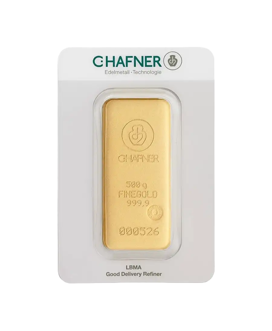 الوجه الأمامي لسبائك الذهب المصبوبة وزن 500 جرام من C. HAFNER من الذهب الخالص عيار 24K المعاد تدويرها والمعروضة للبيع لدى VIRTU LUXURY