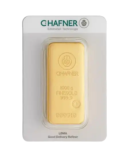 avant du lingot coulé de 1 Kilo grammes de C. HAFNER d'or pur 24K recyclé en vente disponible chez VIRTU LUXURY