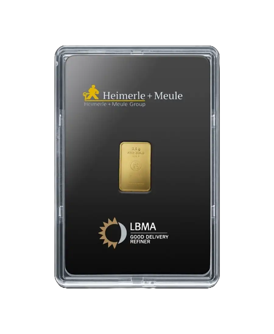 الوجه الأمامي لسبيكة 2.5 جرام من HEIMERLE ET MEULE من الذهب المعاد تدويره الخالص عيار 24K متاحة للبيع لدى VIRTU LUXURY الوجه الأمامي لسبيكة 2.5 جرام من HEIMERLE ET MEULE من الذهب المعاد تدويره الخالص عيار 24K متاحة للبيع لدى VIRTU LUXURY