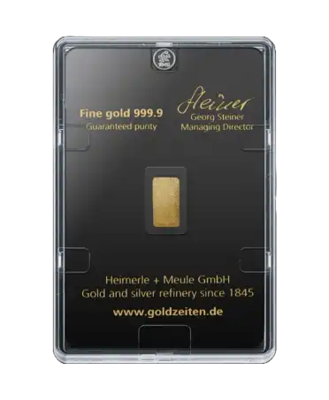arrière du lingot de 2,5 Grammes de HEIMERLE + MEULE d'or pur 24K recyclé en vente disponible chez VIRTU LUXURY