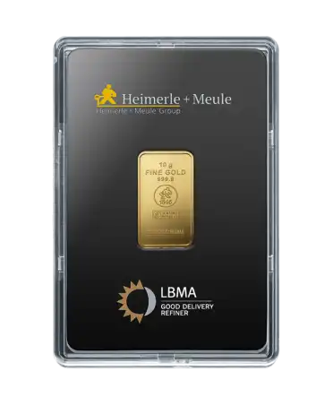 الوجه الأمامي للسبائك المضروبة بوزن 10 غرام من HEIMERLE + MEULE من الذهب الخالص عيار 24 قيراط متاحة للبيع لدى VIRTU LUXURY