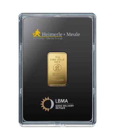 avant du lingot frappé de 10 Grammes de HEIMERLE + MEULE d'or pur 24K en vente disponible chez VIRTU LUXURY