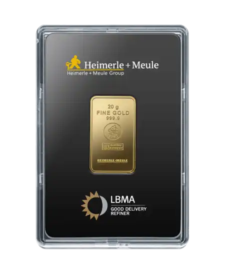 avant du lingot de 20 Grammes de HEIMERLE + MEULE d'or pur 24K en vente disponible chez VIRTU LUXURY