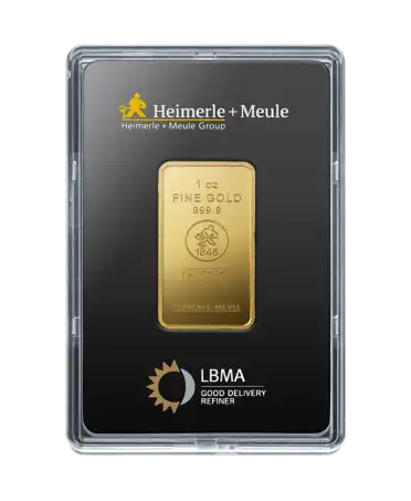 الوجه الأمامي لسبيكة وزن 1 أونصة من HEIMERLE + MEULE من الذهب الخالص عيار 24K المعاد تدويره متاحة للبيع لدى VIRTU LUXURY