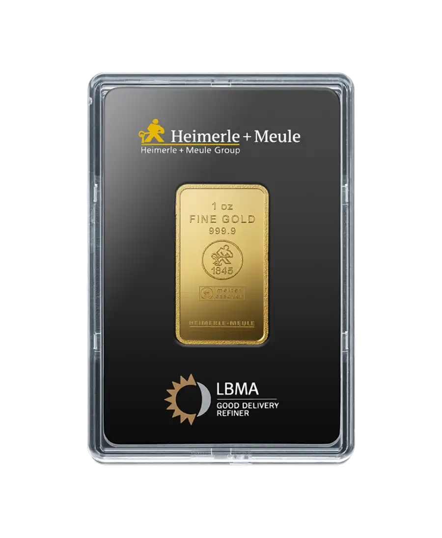 الوجه الأمامي لسبيكة وزن 1 أونصة من HEIMERLE + MEULE من الذهب الخالص عيار 24K المعاد تدويره متاحة للبيع لدى VIRTU LUXURY