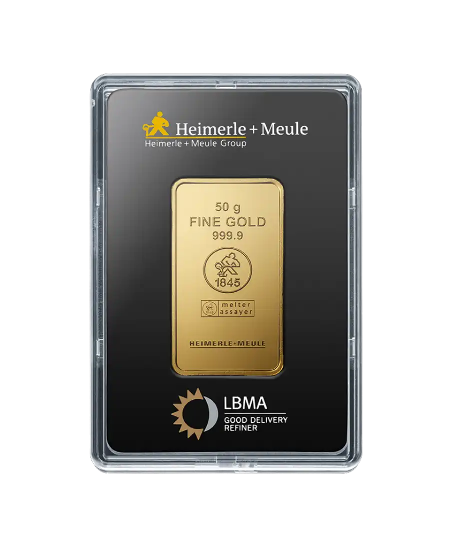 الوجه الأمامي لسبائك 50 جرام من HEIMERLE + MEULE من الذهب الخالص عيار 24K متاحة للبيع لدى VIRTU LUXURY