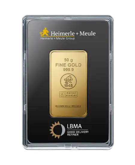 avant du lingot de 50 Grammes de HEIMERLE + MEULE d'or pur 24K en vente disponible chez VIRTU LUXURY