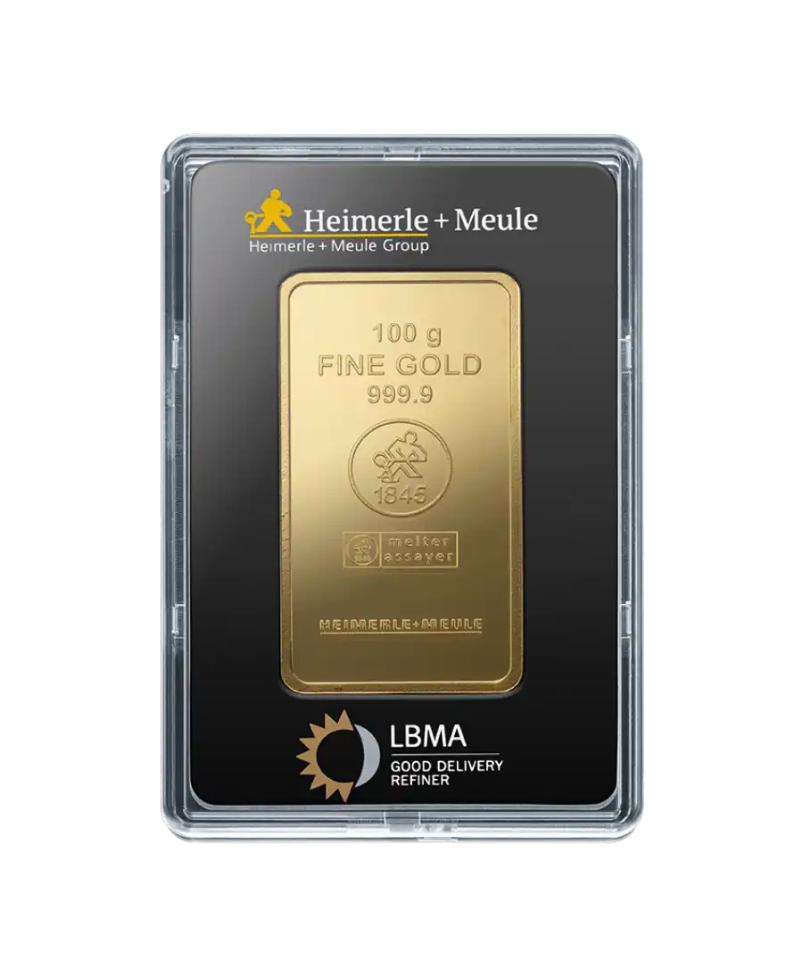 الوجه الأمامي لسبيكة صغيرة وزن 100 جرام من HEIMERLE + MEULE من الذهب الخالص عيار 24K المعاد تدويره متاحة للبيع لدى VIRTU LUXURY