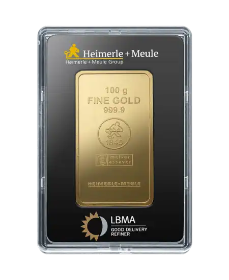 avant du lingotin 100 Grammes de HEIMERLE + MEULE d'or pur 24K recyclé en vente disponible chez VIRTU LUXURY