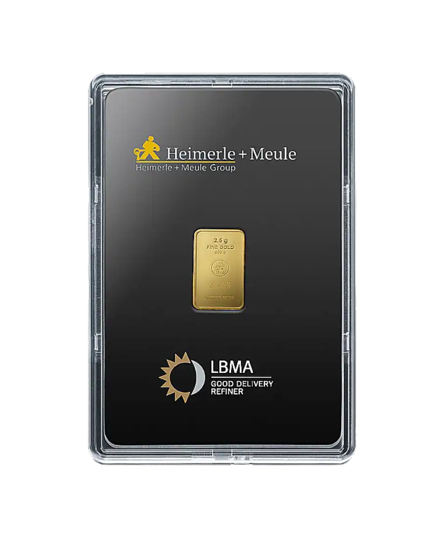 الوجه الأمامي للسبائك الصغيرة وزن 1 جرام من HEIMERLE + MEULE من الذهب الخالص عيار 24K المعاد تدويرها والمعروضة للبيع لدى VIRTU LUXURY