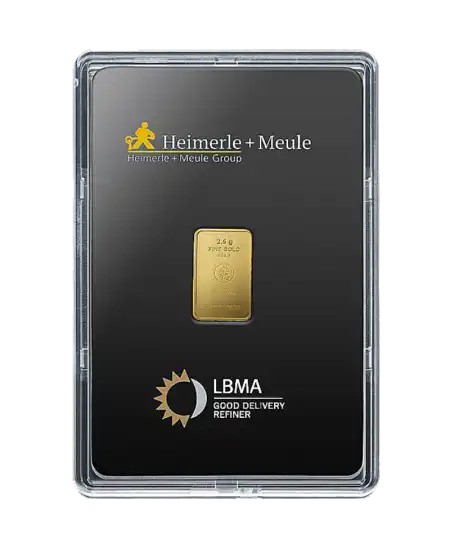 الوجه الأمامي للسبائك الصغيرة وزن 1 جرام من HEIMERLE + MEULE من الذهب الخالص عيار 24K المعاد تدويرها والمعروضة للبيع لدى VIRTU LUXURY