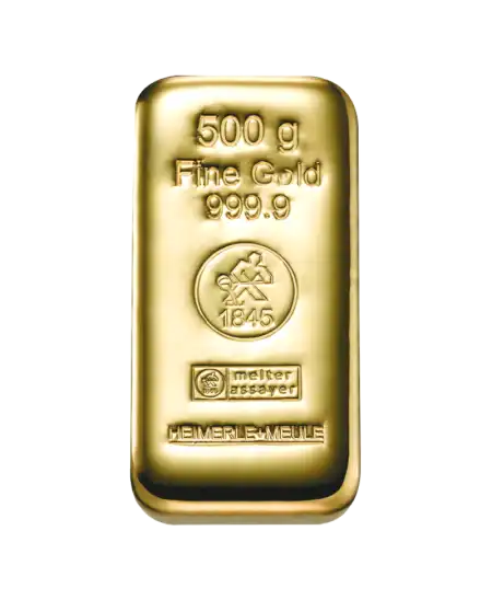 lingot coulé HEIMERLE ET MEULE coulé de 500 Grammes d'or pur 24K recyclé chez VIRTU LUXURY