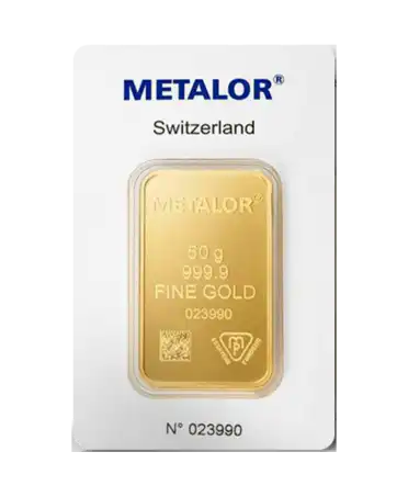 وجه سبيكة ذهب خالص 24 قيراط مختومة بوزن 50 جرام من METALOR معروضة للبيع ومتوفرة لدى VIRTU LUXURY