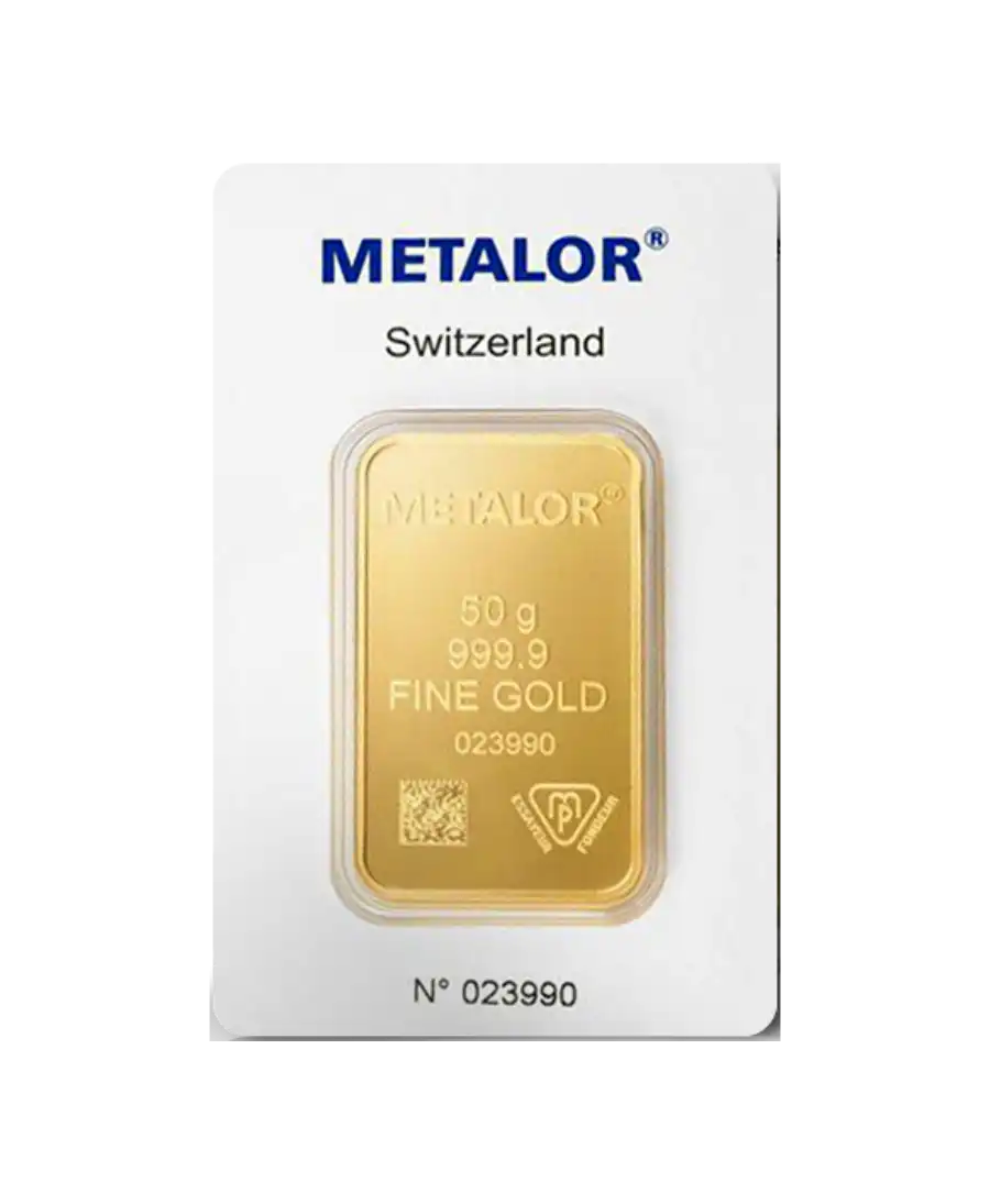 avant du lingot étampé de 50 Grammes d'or pur 24K de chez METALOR en vente disponible chez VIRTU LUXURY