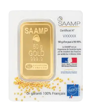 الوجه الأمامي للسبائك وزن 50 جراماً من ذهب SAAMP الخالص عيار 24K المعروضة للبيع لدى VIRTU LUXURY