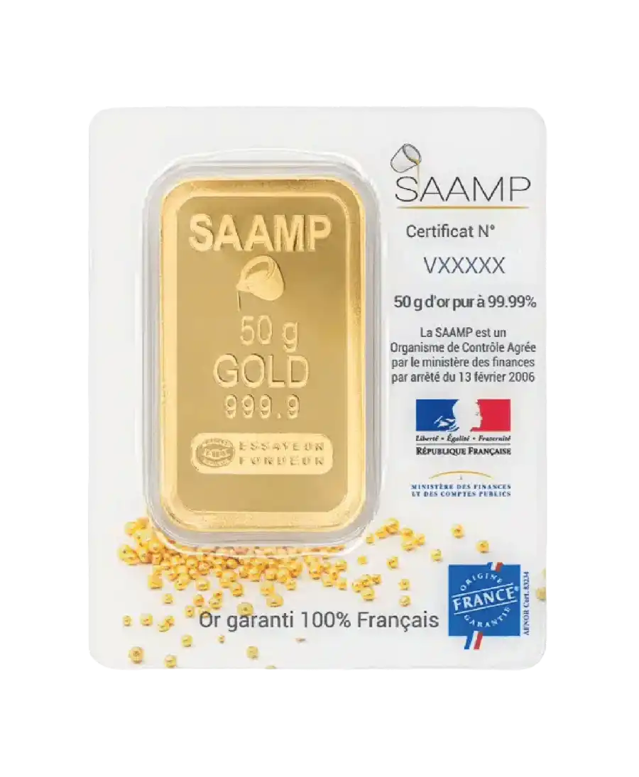 الوجه الأمامي للسبائك وزن 50 جراماً من ذهب SAAMP الخالص عيار 24K المعروضة للبيع لدى VIRTU LUXURY