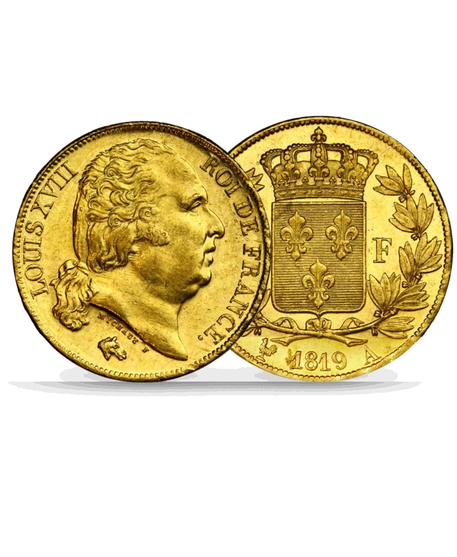 pièce de LOUIS D'OR ou encore la 20 Francs Or LOUIS XVIII disponible chez VIRTU LUXURY